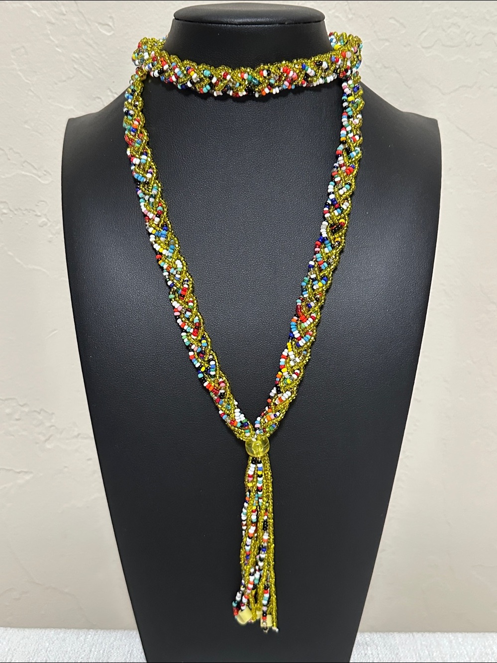 Vintage Style Pull Over Multicolor Braided Seed Bead Tassel Necklace